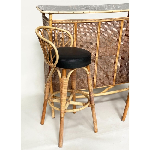 272 - BAR STOOLS, a pair, rattan and cane bound with raised backs, footrests and soft pad seats together w... 