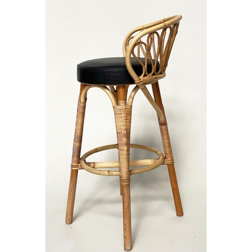 272 - BAR STOOLS, a pair, rattan and cane bound with raised backs, footrests and soft pad seats together w... 