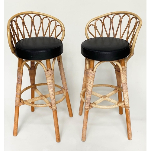 272 - BAR STOOLS, a pair, rattan and cane bound with raised backs, footrests and soft pad seats together w... 