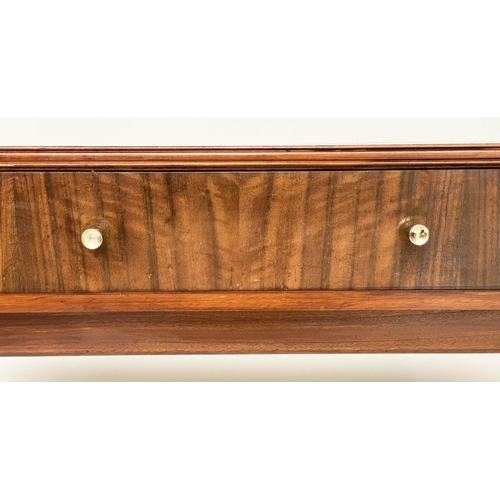 273 - WRITING TABLE, 1970s teak and Indian laurel with three frieze drawers and tapering out swept support... 