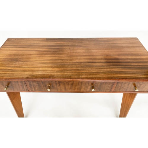 273 - WRITING TABLE, 1970s teak and Indian laurel with three frieze drawers and tapering out swept support... 