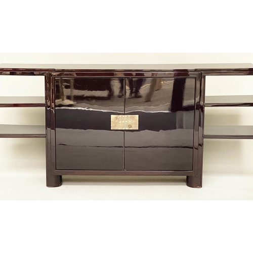 276 - SIDEBOARD, Contemporary lacquered hardwood with two doors and open protruding shelves, 200cm W x 32x... 