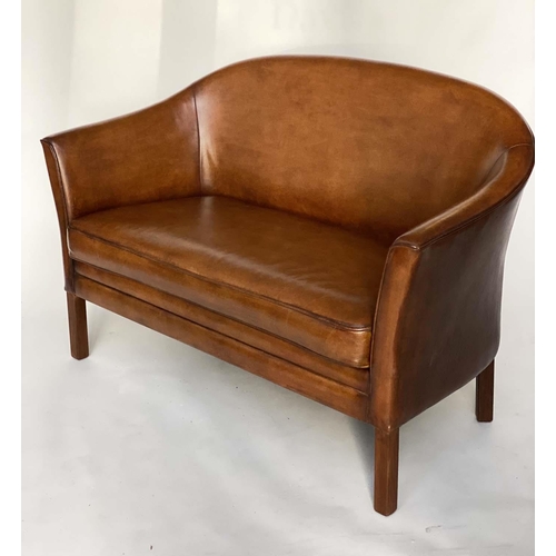 242 - SOFA, Danish teak, two-seater with arched rounded back and tan brown leather upholstery, 131cm W.