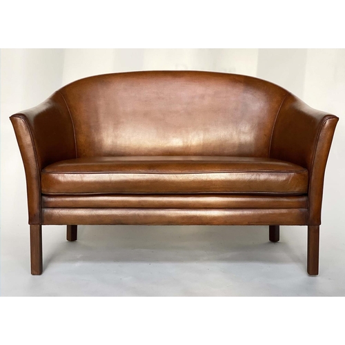 242 - SOFA, Danish teak, two-seater with arched rounded back and tan brown leather upholstery, 131cm W.