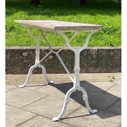 237 - POTTING/CONSERVATORY TABLE, antique weathered variegated rouge rectangular marble on painted cast ir... 