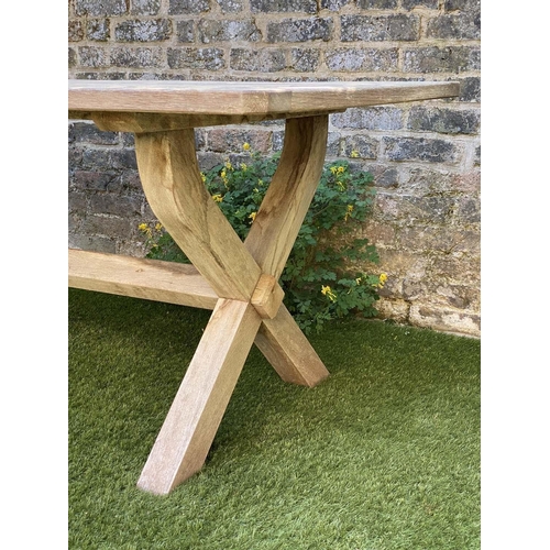 277 - GARDEN TABLE, rectangular weathered teak and slatted with substantial X frame support, 86cm x 183cm ... 