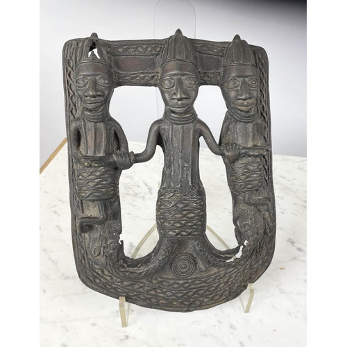 1 - BENIN BRONZE WARRIOR PLAQUE, along with a nupe bronze purse with bells, plaque 30cm H. (2)