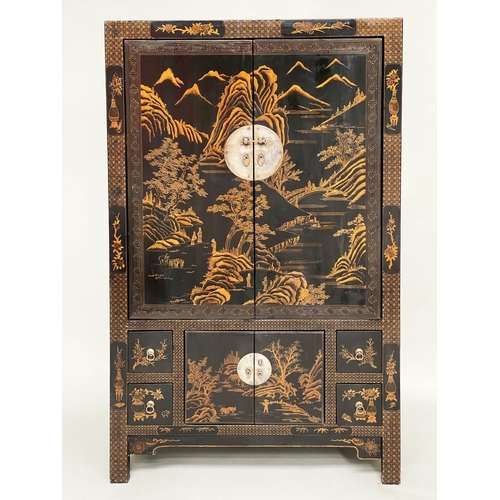 103 - HANGING CABINET, late 19th/early 20th century Chinese lacquered and gilt Chinoiserie decorated with ... 