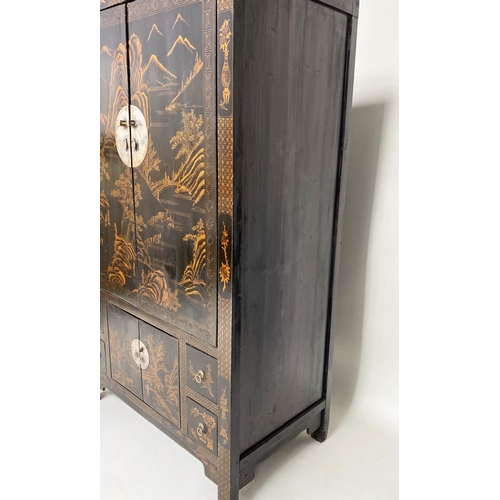 103 - HANGING CABINET, late 19th/early 20th century Chinese lacquered and gilt Chinoiserie decorated with ... 