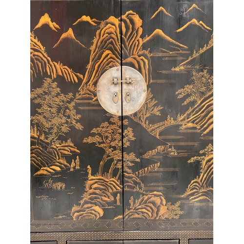 103 - HANGING CABINET, late 19th/early 20th century Chinese lacquered and gilt Chinoiserie decorated with ... 