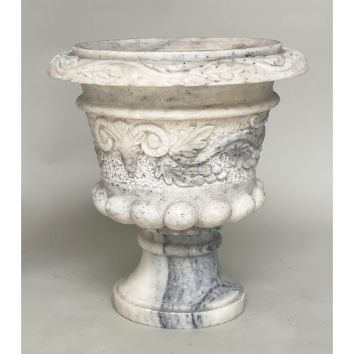 104 - MARBLE URNS, a pair, carved urns with ram's mask and swag foliate decoration, 40cm W x 40cm H. (2)