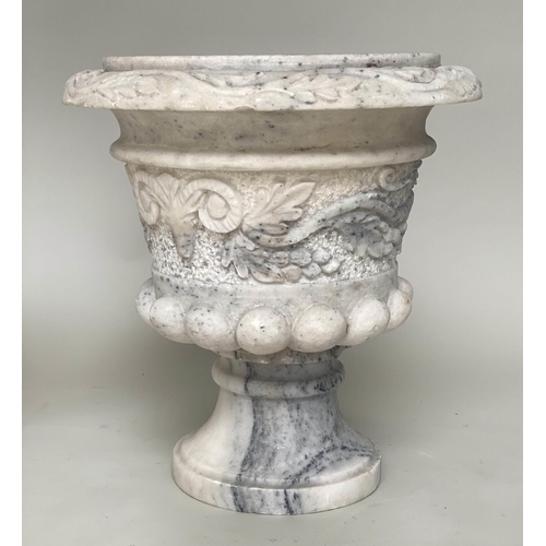 104 - MARBLE URNS, a pair, carved urns with ram's mask and swag foliate decoration, 40cm W x 40cm H. (2)