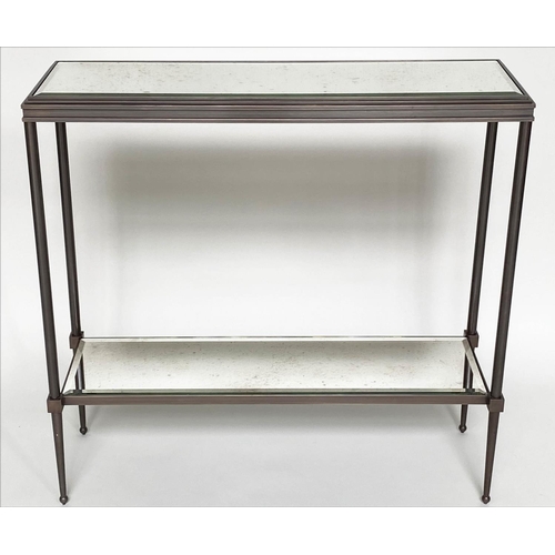 107 - CONSOLE TABLE, Art Deco style bronze forged metal with two tier glass shelves, 80cm W x 25cm D x 76c... 