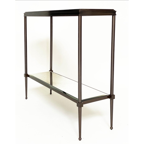 107 - CONSOLE TABLE, Art Deco style bronze forged metal with two tier glass shelves, 80cm W x 25cm D x 76c... 