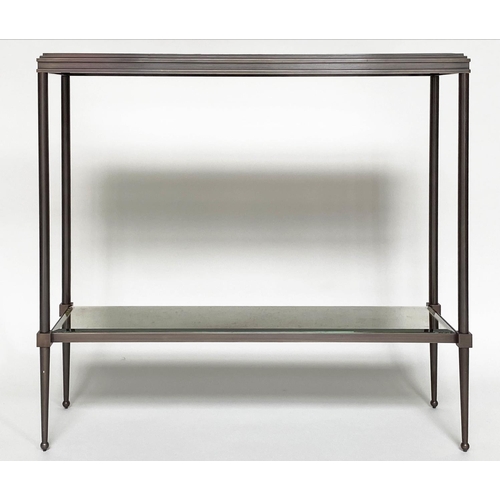 107 - CONSOLE TABLE, Art Deco style bronze forged metal with two tier glass shelves, 80cm W x 25cm D x 76c... 