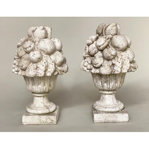 109 - GARDEN FINIALS, a pair, weathered reconstituted stone modelled as cornucopia/fruit, 50cm H. (2)