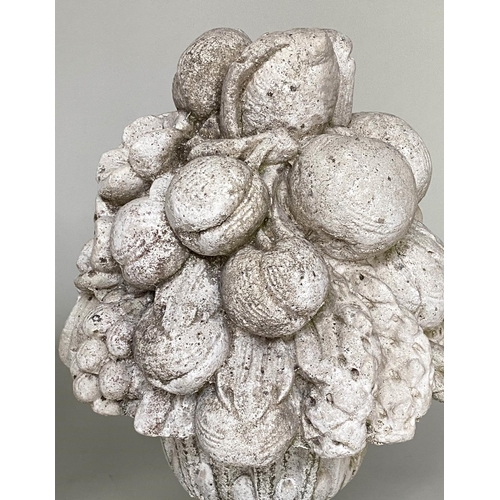 109 - GARDEN FINIALS, a pair, weathered reconstituted stone modelled as cornucopia/fruit, 50cm H. (2)