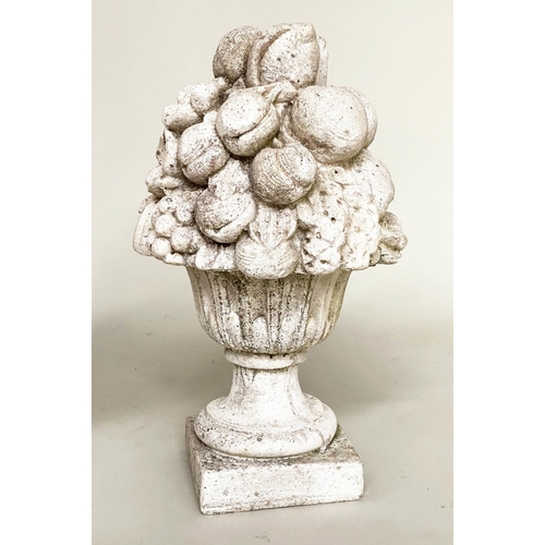 109 - GARDEN FINIALS, a pair, weathered reconstituted stone modelled as cornucopia/fruit, 50cm H. (2)