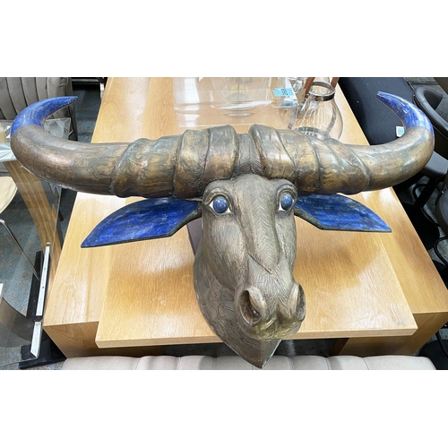 11 - WATER BUFFALO, carved wood with brass cladding and lapis lazuli ears, eyes and horns, 145cm W x 100c... 