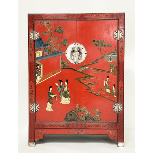 110 - SIDE CABINET, Chinese scarlet lacquered and gilt Chinoiserie decorated with two doors, 79cm W x 110c... 