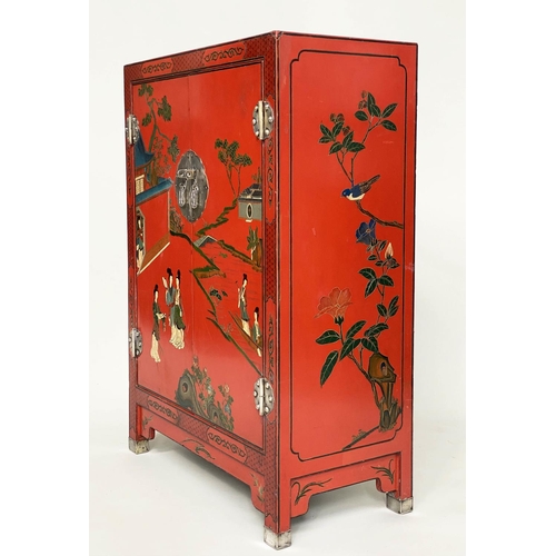 110 - SIDE CABINET, Chinese scarlet lacquered and gilt Chinoiserie decorated with two doors, 79cm W x 110c... 