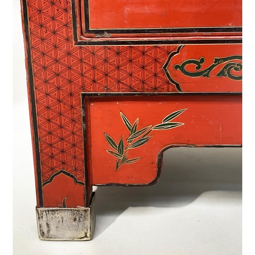 110 - SIDE CABINET, Chinese scarlet lacquered and gilt Chinoiserie decorated with two doors, 79cm W x 110c... 