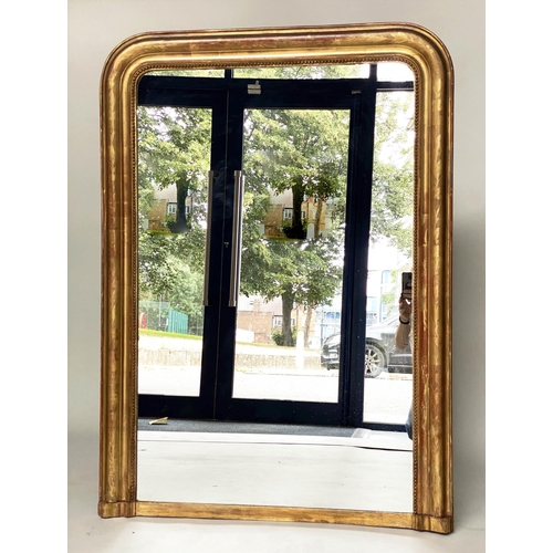 111 - OVERMANTEL MIRROR, 19th century French arched giltwood with incised and beaded frame, 140cm H x 102c... 