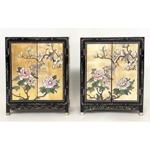 112 - CHINESE CABINETS, a pair, with gilt polychrome Chinoiserie decoration, birds and blossom each with t... 