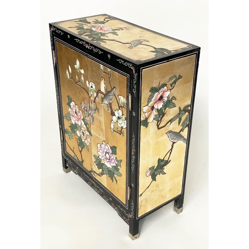 112 - CHINESE CABINETS, a pair, with gilt polychrome Chinoiserie decoration, birds and blossom each with t... 