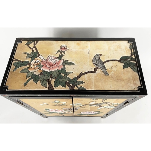 112 - CHINESE CABINETS, a pair, with gilt polychrome Chinoiserie decoration, birds and blossom each with t... 