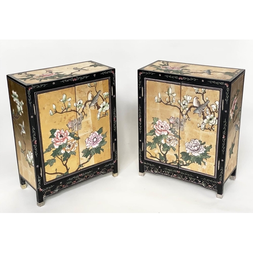 112 - CHINESE CABINETS, a pair, with gilt polychrome Chinoiserie decoration, birds and blossom each with t... 