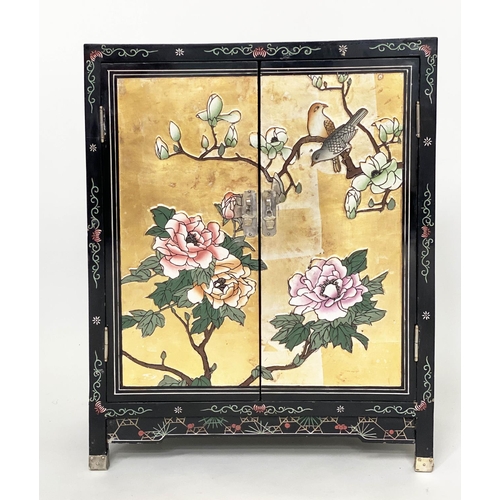 112 - CHINESE CABINETS, a pair, with gilt polychrome Chinoiserie decoration, birds and blossom each with t... 