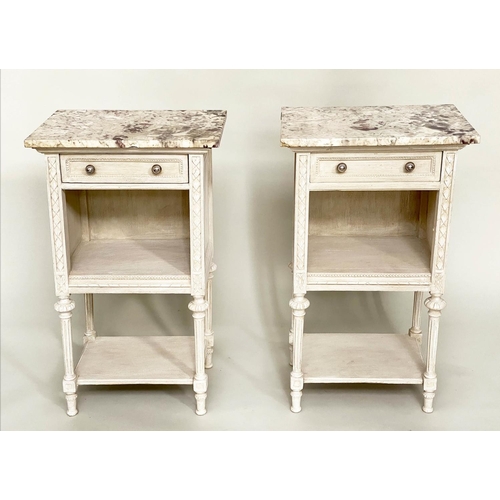 114 - BEDSIDE/LAMP TABLES, a pair, early 20th century French grey painted each with drawer, compartment an... 