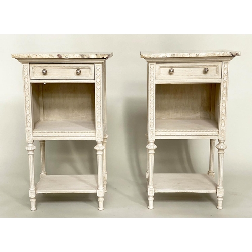 114 - BEDSIDE/LAMP TABLES, a pair, early 20th century French grey painted each with drawer, compartment an... 