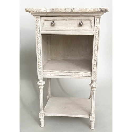 114 - BEDSIDE/LAMP TABLES, a pair, early 20th century French grey painted each with drawer, compartment an... 