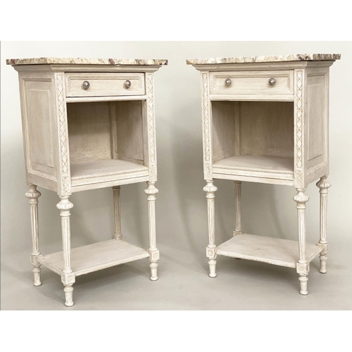 114 - BEDSIDE/LAMP TABLES, a pair, early 20th century French grey painted each with drawer, compartment an... 