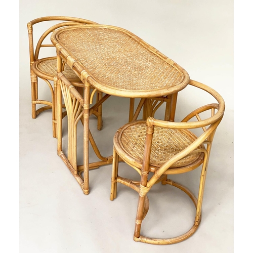 116 - TERRACE SUITE, rattan framed, wicker panelled and cane bound, oval with companion pair of chairs, 10... 