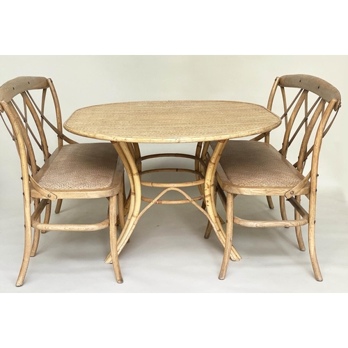 118 - TABLE AND BENCHES, a pair, OKA ash bentwood with 'X' backs and cane seats together with an oval ratt... 