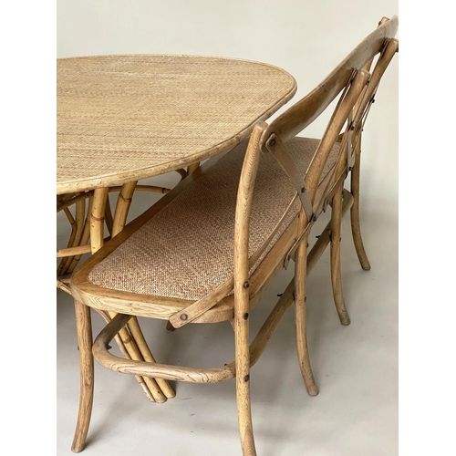 118 - TABLE AND BENCHES, a pair, OKA ash bentwood with 'X' backs and cane seats together with an oval ratt... 