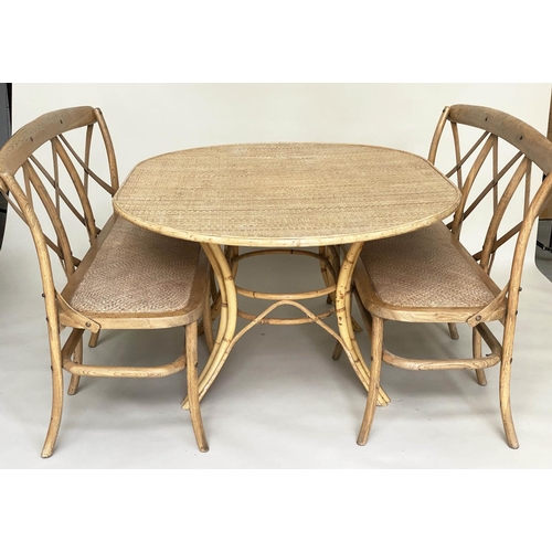 118 - TABLE AND BENCHES, a pair, OKA ash bentwood with 'X' backs and cane seats together with an oval ratt... 