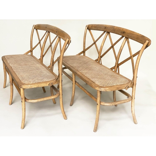 118 - TABLE AND BENCHES, a pair, OKA ash bentwood with 'X' backs and cane seats together with an oval ratt... 