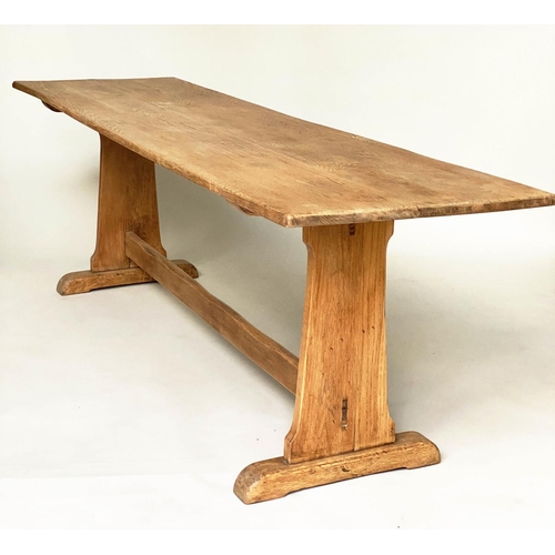 120 - REFECTORY TABLE, vintage English oak with planked narrow rectangular top and twin trestle supports, ... 