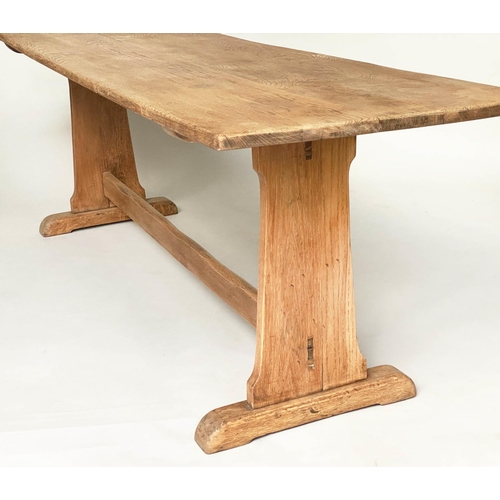 120 - REFECTORY TABLE, vintage English oak with planked narrow rectangular top and twin trestle supports, ... 