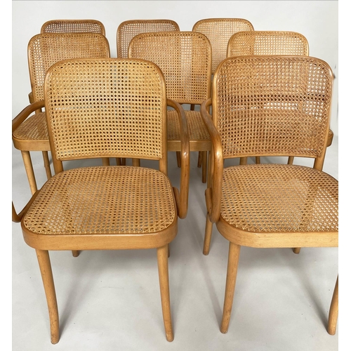 121 - DINING CHAIRS, a set of eight, 1970s beech bentwood and cane panelled including two armchairs, 44cm ... 