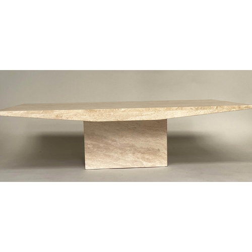 122 - TRAVERTINE LOW TABLE, Italian marble rectangular with shaped sides, 170cm W x 100cm D x 45cm H.