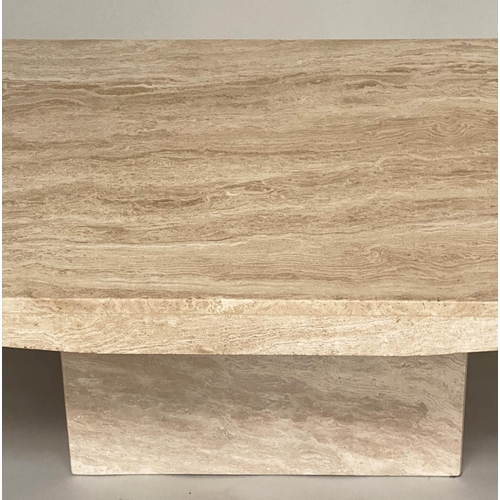 122 - TRAVERTINE LOW TABLE, Italian marble rectangular with shaped sides, 170cm W x 100cm D x 45cm H.