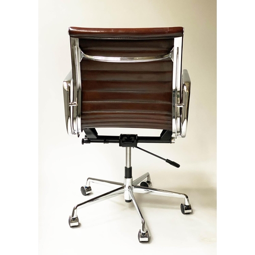 123 - REVOLVING DESK CHAIR, Charles and Ray Eames inspired with ribbed tan leather seat revolving and recl... 