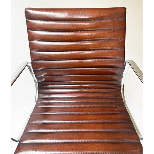 123 - REVOLVING DESK CHAIR, Charles and Ray Eames inspired with ribbed tan leather seat revolving and recl... 