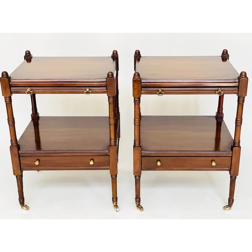 124 - LAMP TABLES, a pair, George III design figured mahogany each with slide and under tierdrawer, 45cm W... 