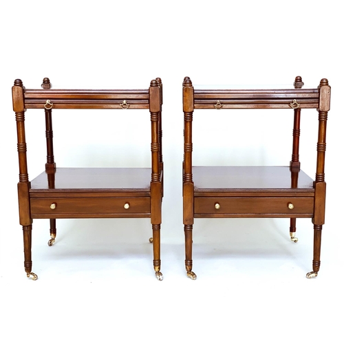 124 - LAMP TABLES, a pair, George III design figured mahogany each with slide and under tierdrawer, 45cm W... 